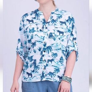 BON WORTH Womens Zebra Palm Trees Blouse Shirt Size XL Safari Front Button Blue
